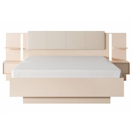 Łóżko 160 x 200 cm stelaż metal pojemnik stoliki + LED beż DAVE